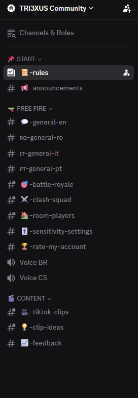 Channel list of a server built from zero, split into clear sections